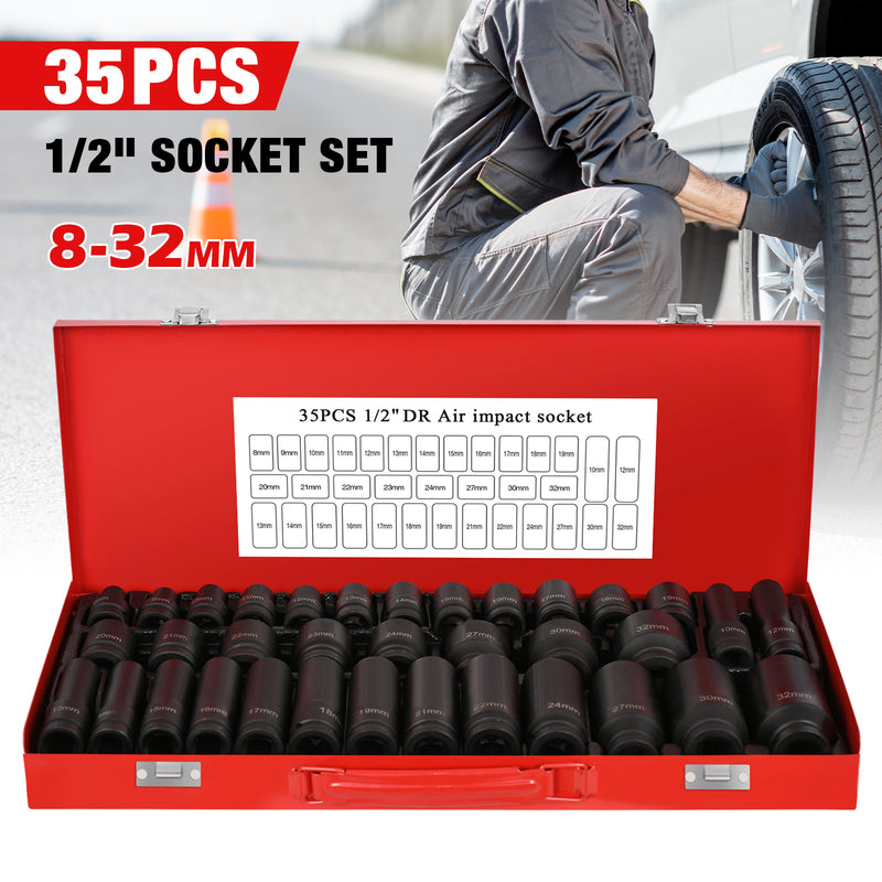35PCS 1/2" Drive Deep Impact Sockets 8-32MM