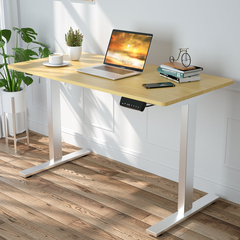 Advwin-Electric-Standing-Desk-Sit-Stand-Up-Riser-Height-Adjustable Motorised-Computer-Desk-Oak-Table-Top-140cm-Sliver-Frame-160202600