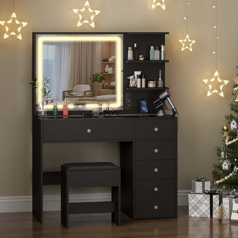 Advwin Dressing Table Stool Set Glass Tabletop Black