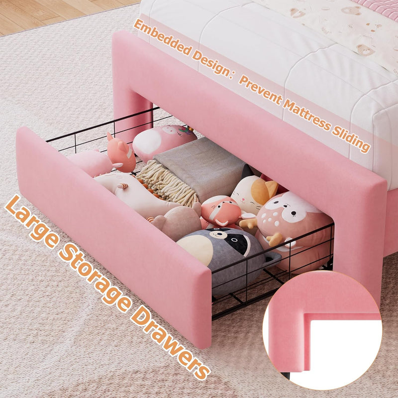 Advwin King Single LED Velvet Bed Frame Pink