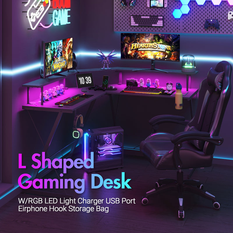 Advwin L Shaped Gaming Desk with LED Lights
