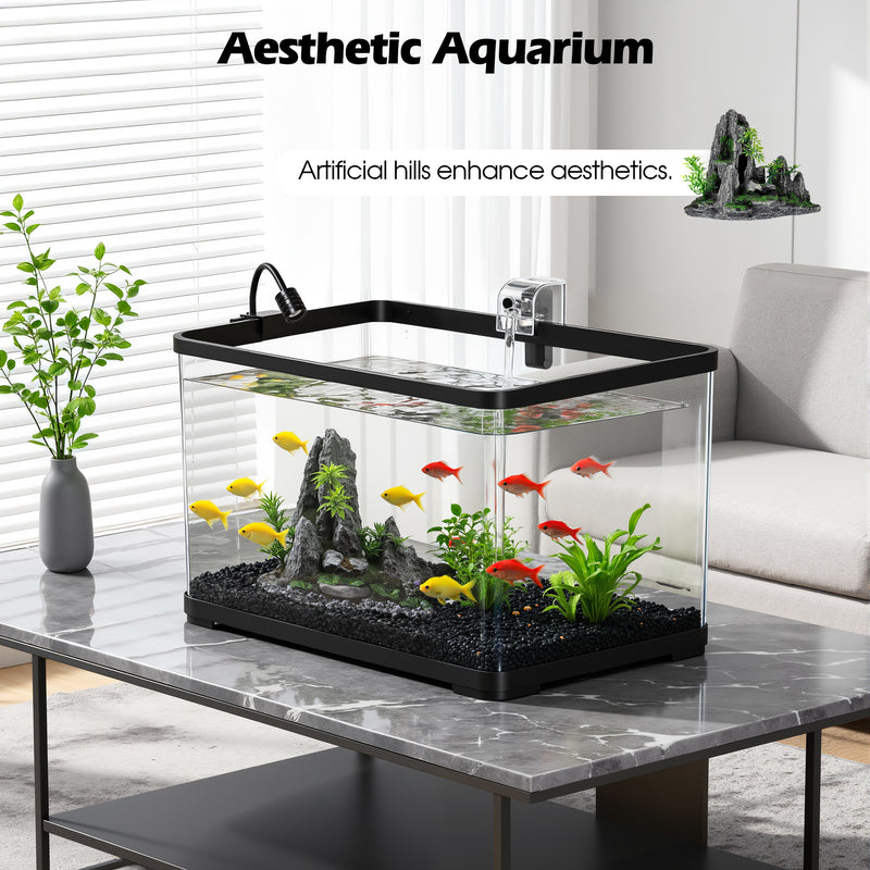 Advwin Fish Tank 50L with Artificial Hill 3-Color Lighting