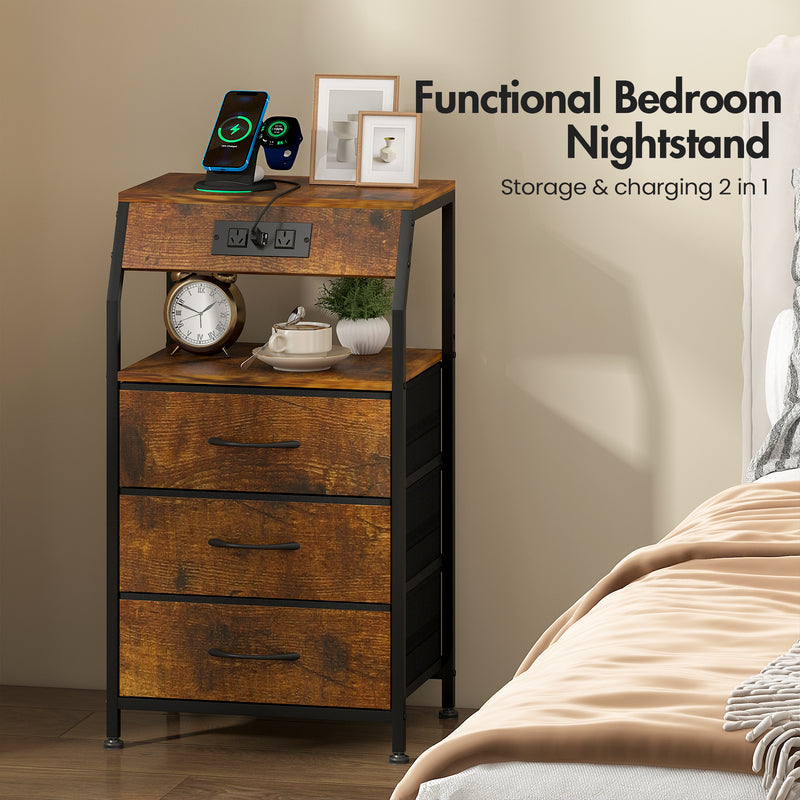 Advwin Bedside Table w/ Charging & 3 Drawers