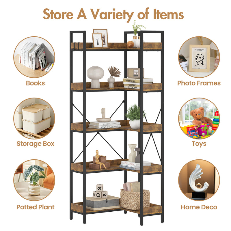 Advwin 5-Tier Corner Bookshelf Convertible L Shaped Bookcase