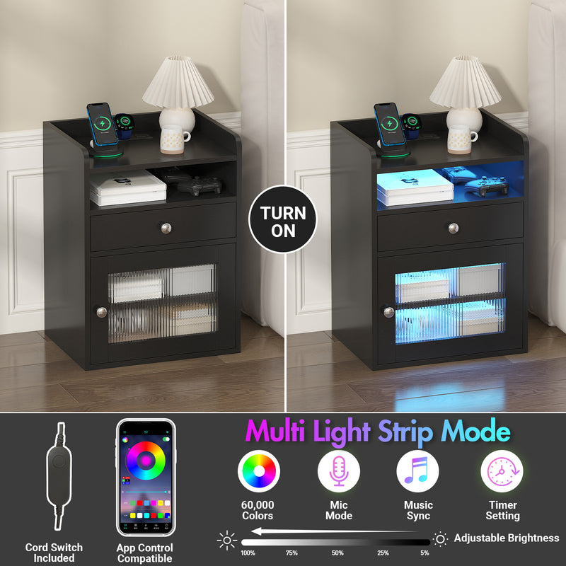 Advwin Bedside Table with Charging Station & LED Light