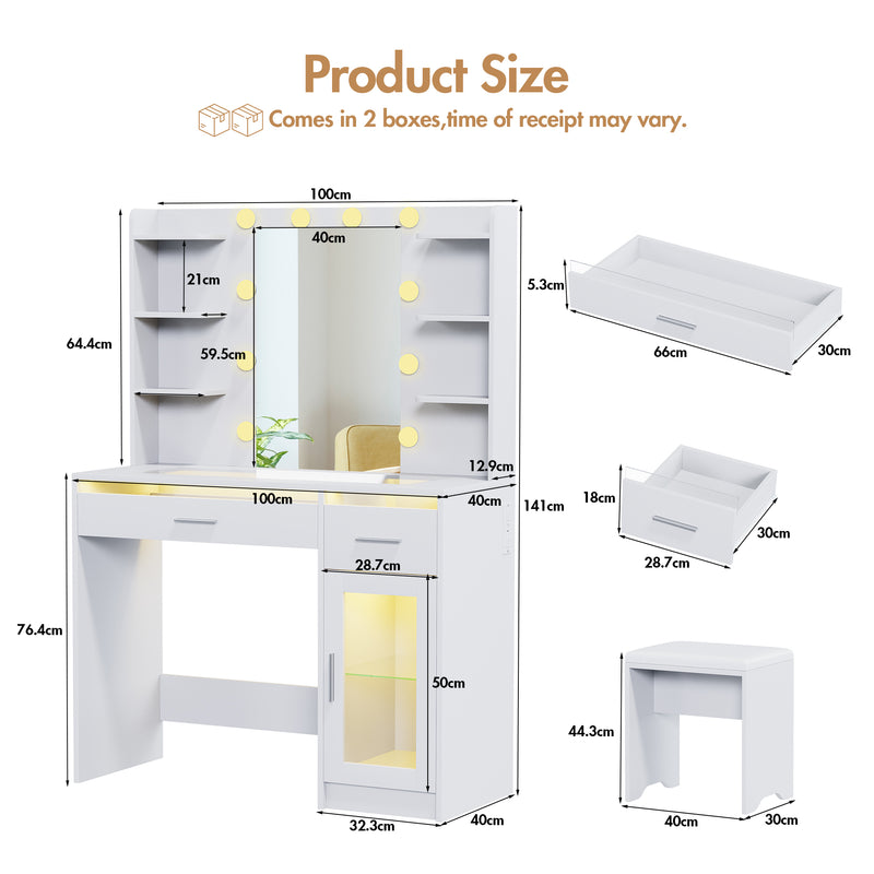 Advwin Vanity Desk with Glass Tabletop White