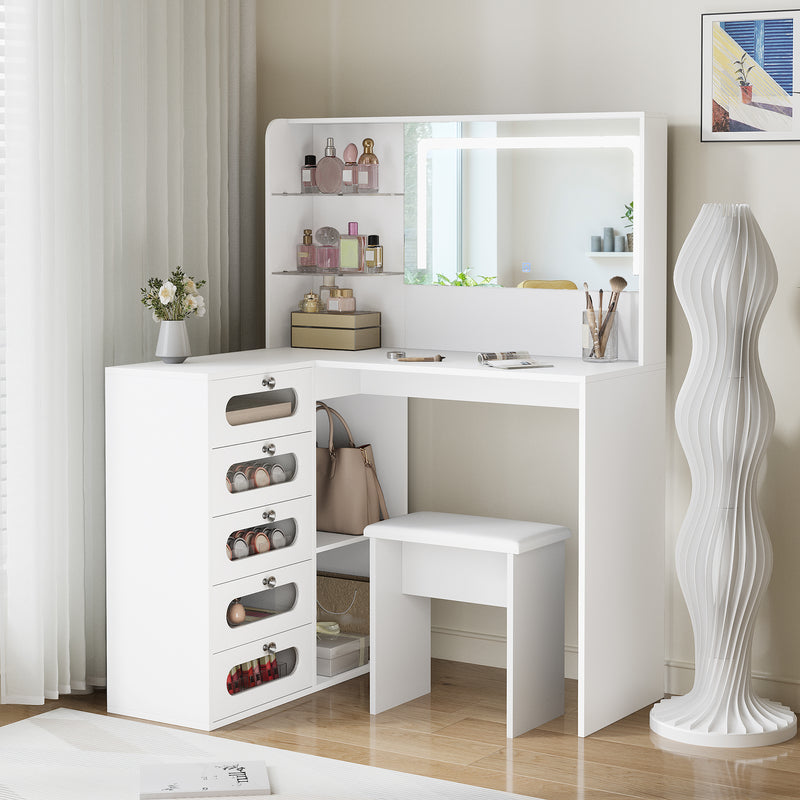 Advwin Corner Dressing Table with LED Mirror and Drawers
