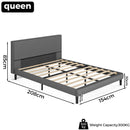 Gray bed frame with dimensions and weight capacity on a white background