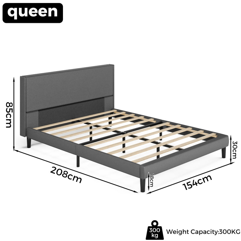 Gray bed frame with dimensions and weight capacity on a white background