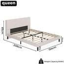 Queen-sized bed frame with dimensions and weight capacity on a white background