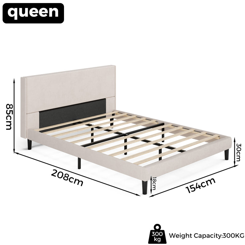 Queen-sized bed frame with dimensions and weight capacity on a white background