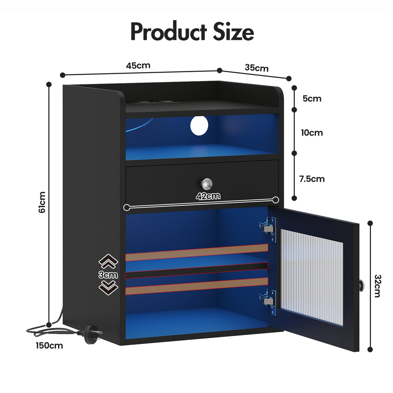 Advwin Bedside Table with Charging Station & LED Light