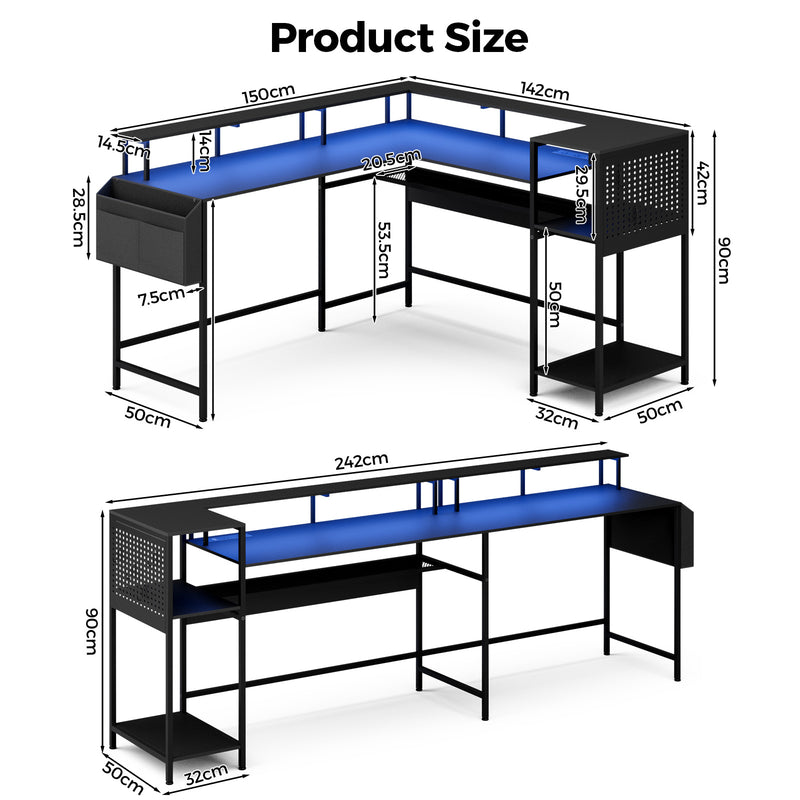 Advwin 150cm L Shaped Computer Desk w/ LED Lights