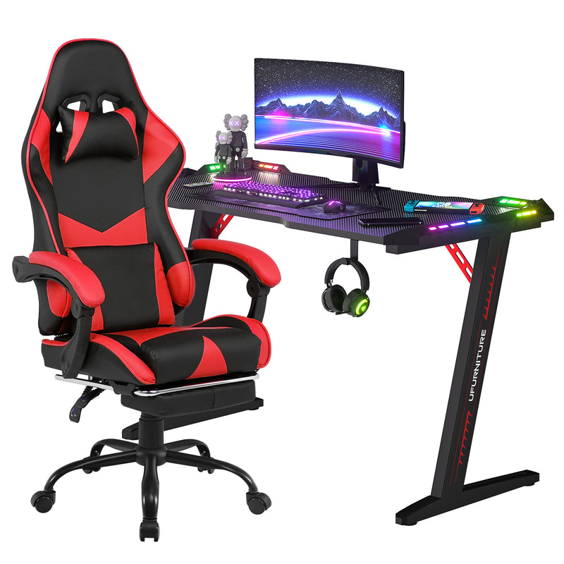 LED Light Gaming Desk & Gaming Chair Tilt 135° Red w/Footrest