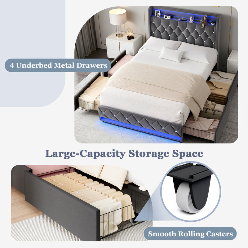 Advwin LED Bed Frame with Velvet Upholstered Headboard