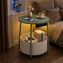 Advwin Round End Table w/ Charging Station & Fabric Basket