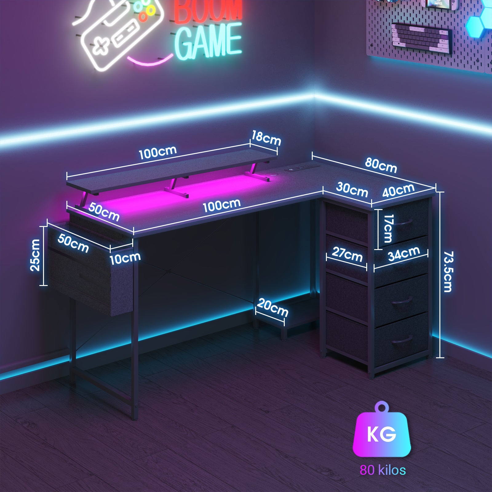 Advwin L Shaped Gaming Desk with LED Lights Black