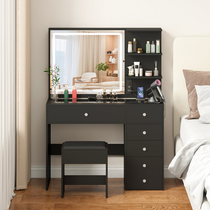 Advwin Dressing Table Stool Set Glass Tabletop Black