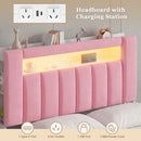 Advwin Bed Frame with LED Shelves & Charging Station Pink