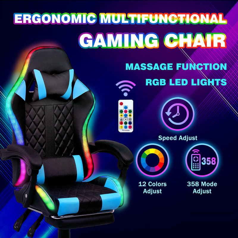 Advwin Gaming Chair 12 RGB LED Massage Chair Blue