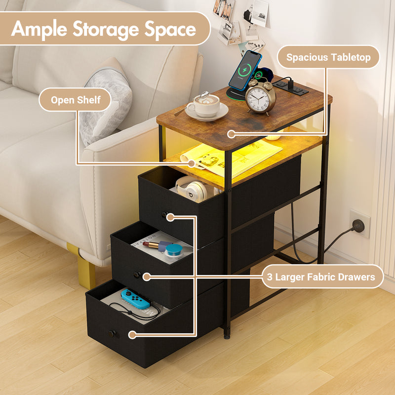 Advwin LED Narrow Bedside Table with Charging Station
