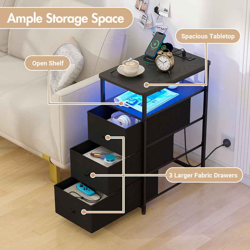 Advwin LED Narrow Bedside Table with Charging Station