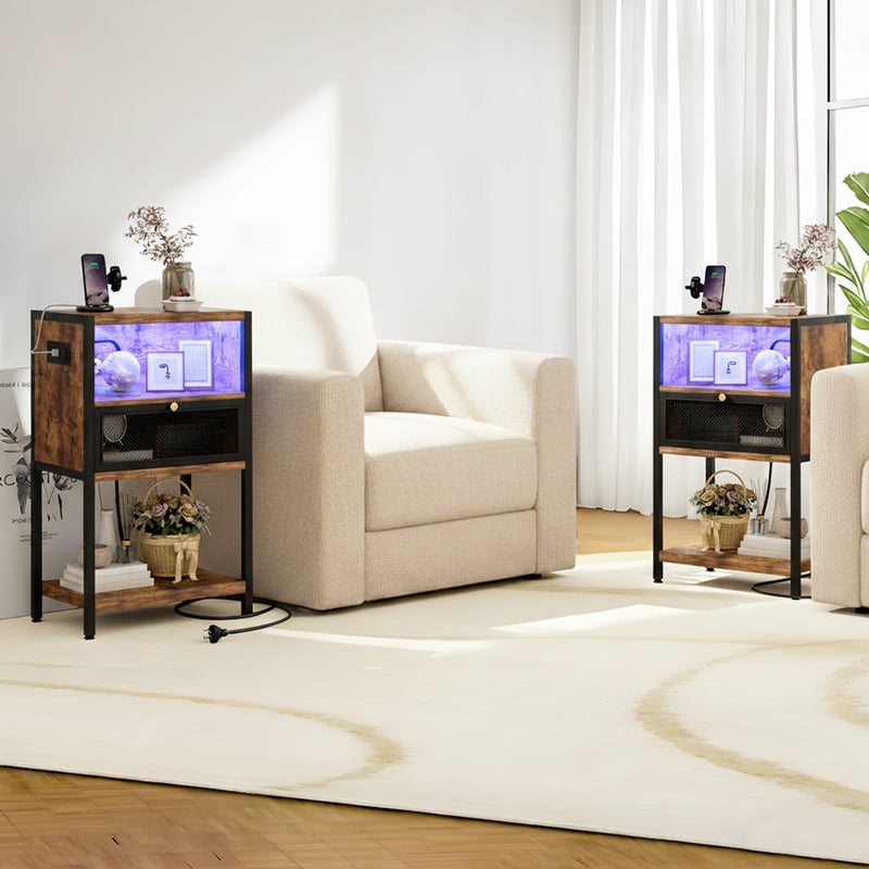 Advwin LED Bedside Table with Charging Station Set of 2