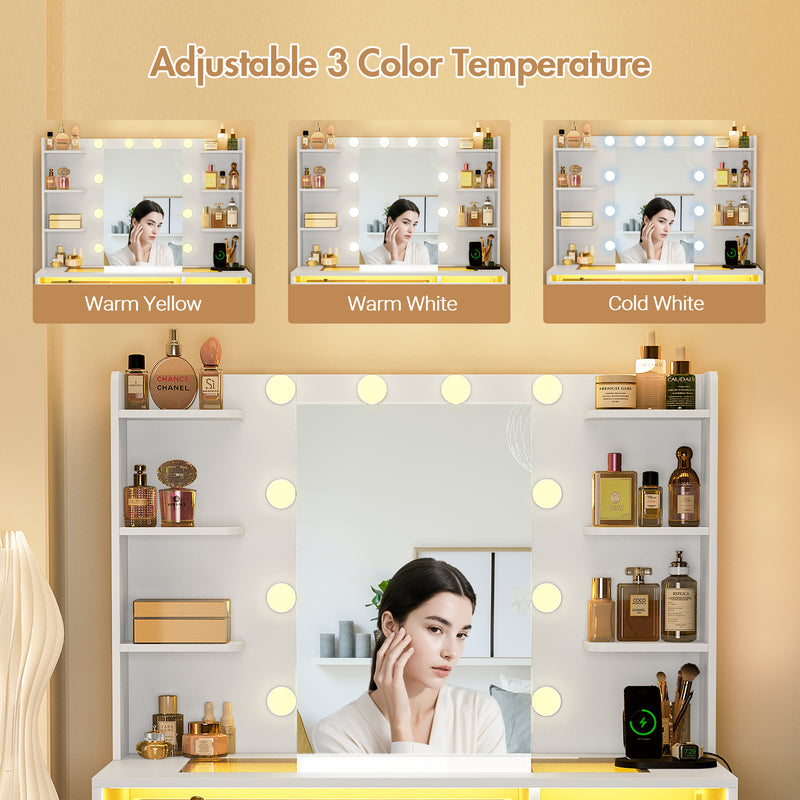 Advwin Vanity Desk with Glass Tabletop White