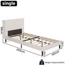 Single bed frame with dimensions and weight capacity on a white background
