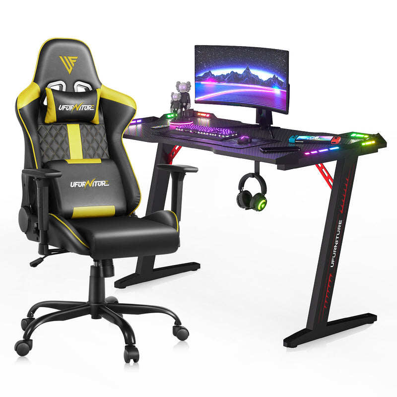 LED Light Gaming Desk & Gaming Chair Tilt 135° Yellow