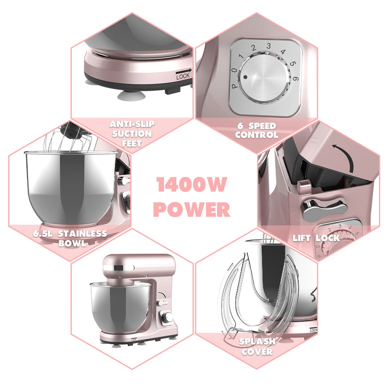 Advwin 6.5L 1400W Stand Mixer Pink