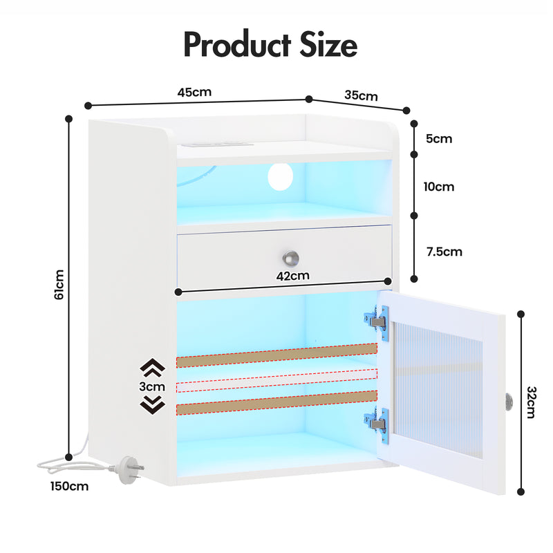 Advwin Bedside Table with Charging Station & LED Light