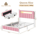 Advwin Bed Frame with LED Shelves & Charging Station Pink