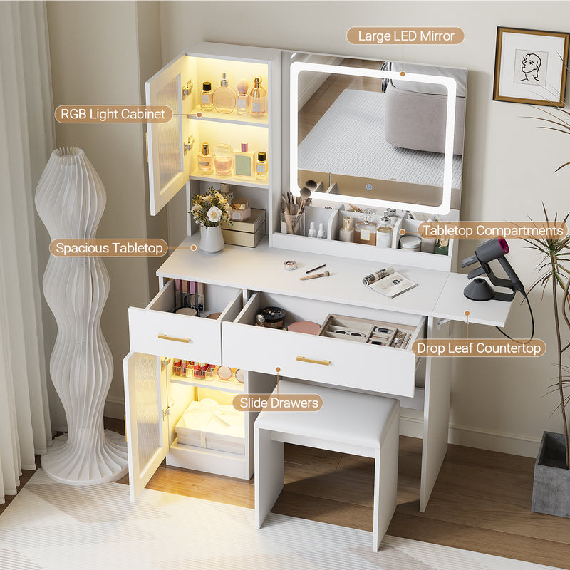 Advwin Dressing Table with LED Mirror & RGB Cabinet White