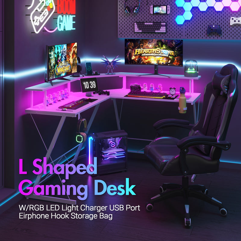 Advwin L Shaped Gaming Desk with LED Lights