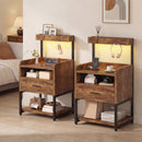 Advwin Bedside Table with Charging Station LED Lights Set of 2