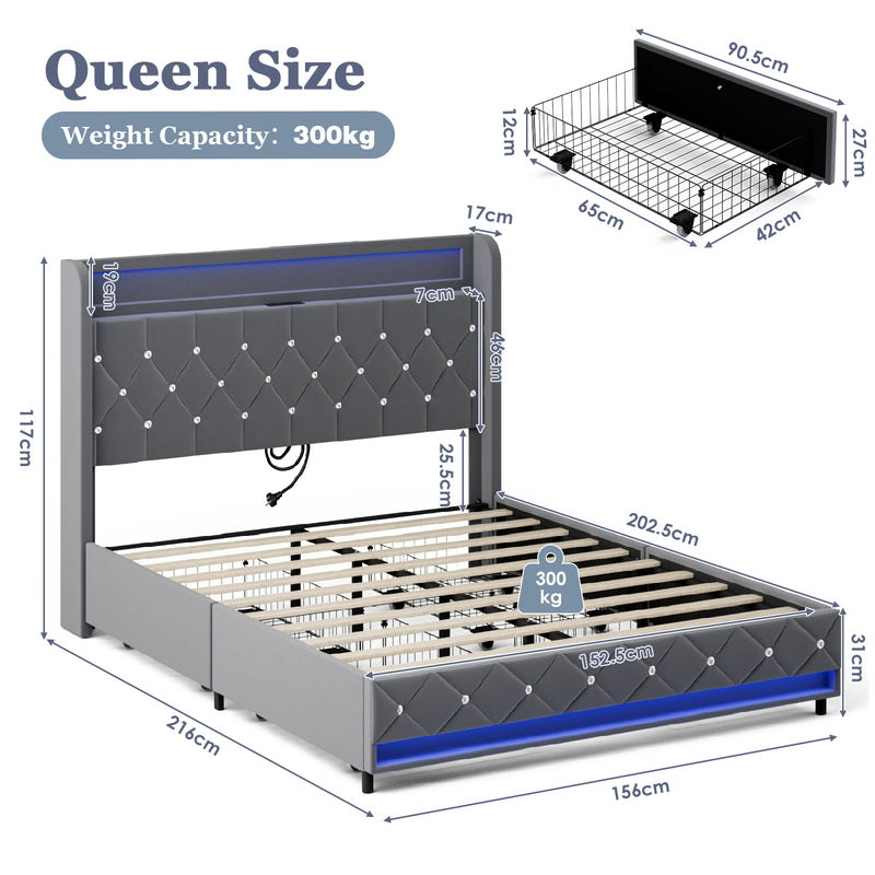 Advwin LED Bed Frame with Velvet Upholstered Headboard