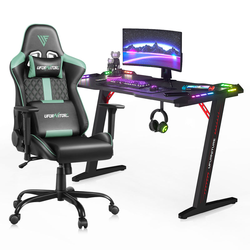 LED Light Gaming Desk & Gaming Chair Tilt 135° Green