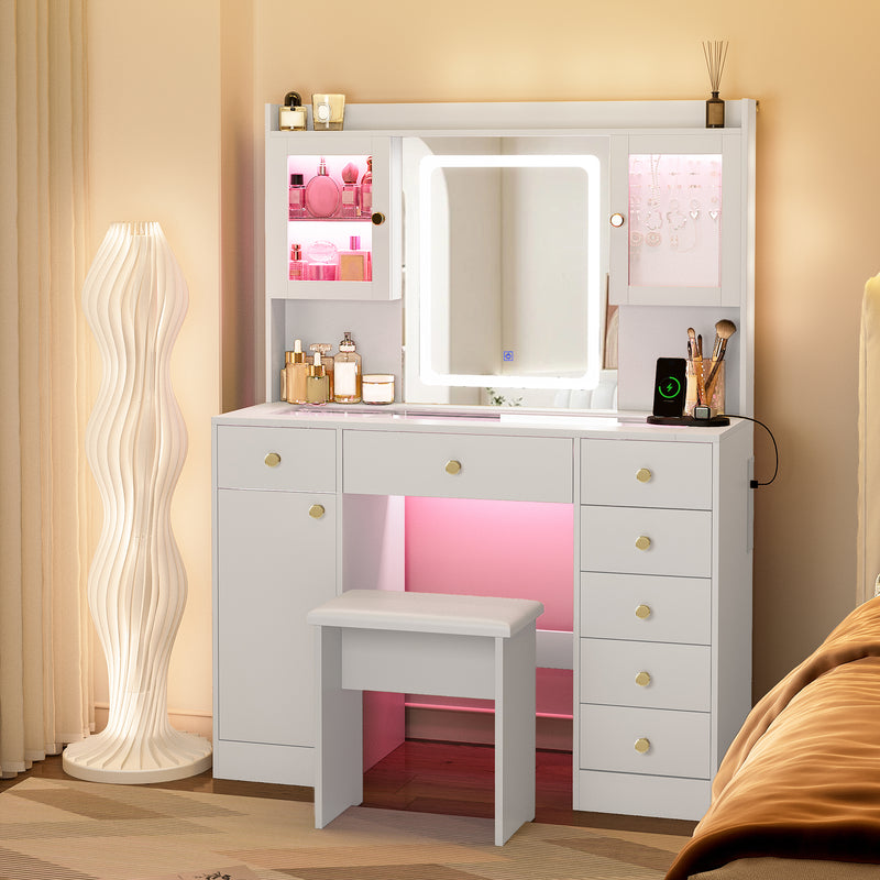 Advwin Dressing Table Set w/ Glass Desktop LED Light
