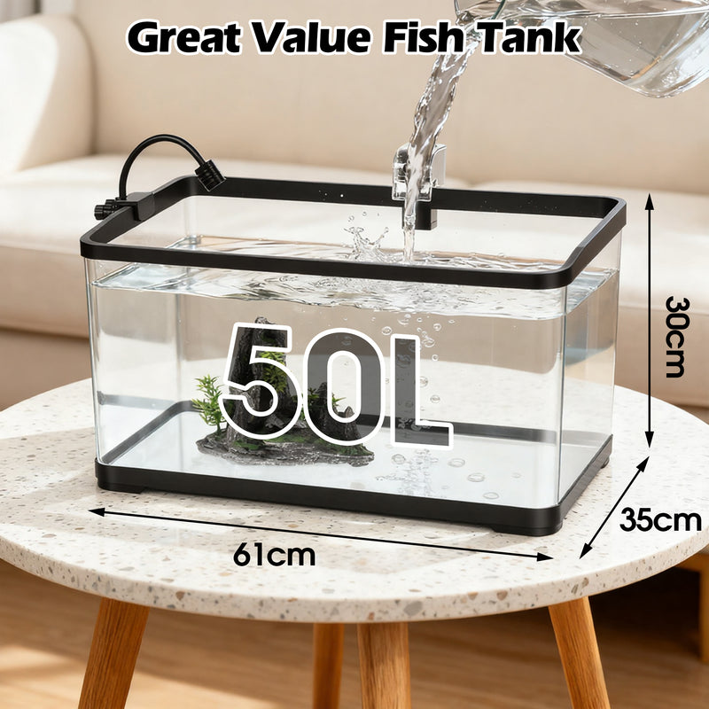 Advwin Fish Tank 50L with Artificial Hill 3-Color Lighting