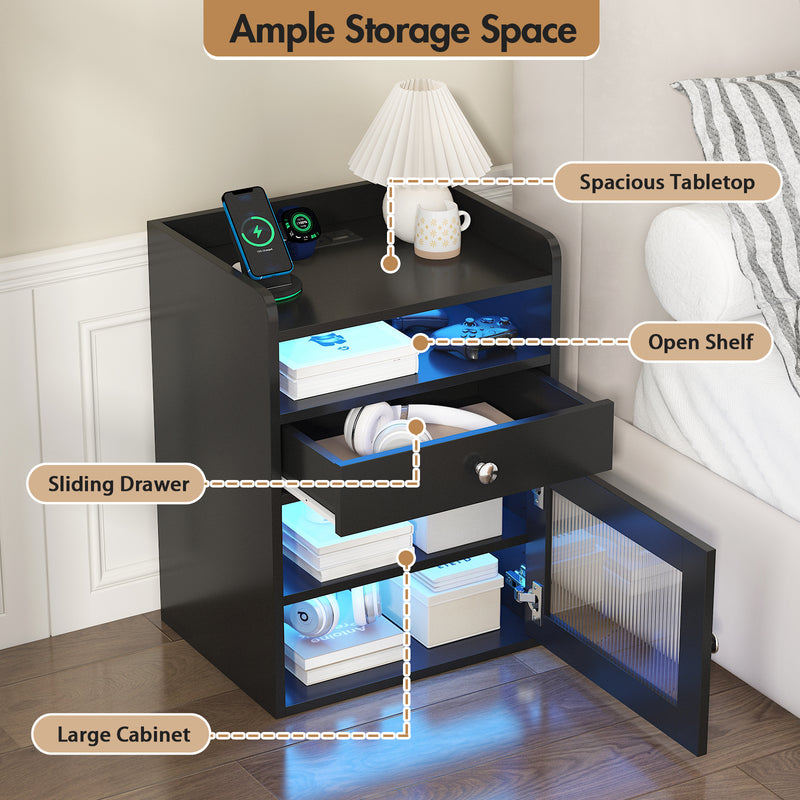 Advwin Bedside Table with Charging Station & LED Light