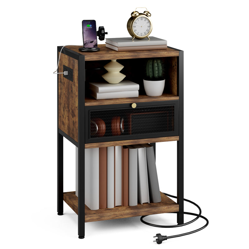 Advwin Bedside Table w/ Metal Mesh Drawer