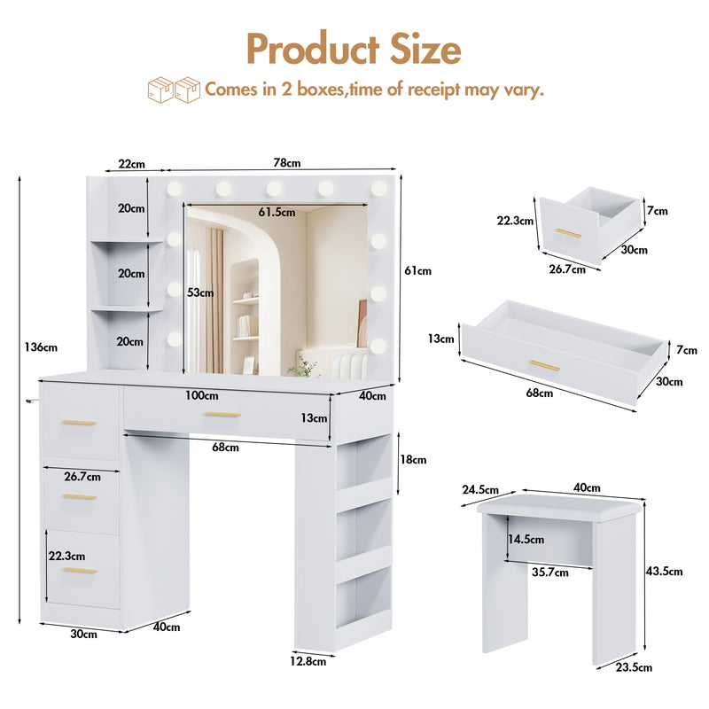 Advwin Vanity Desk with Lighted Mirror and Charging Port