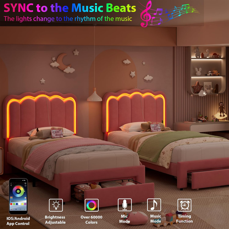 Advwin King Single LED Velvet Bed Frame Pink