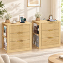 Advwin Fluted Bedside Table w/ 3 Drawers Natural Wood