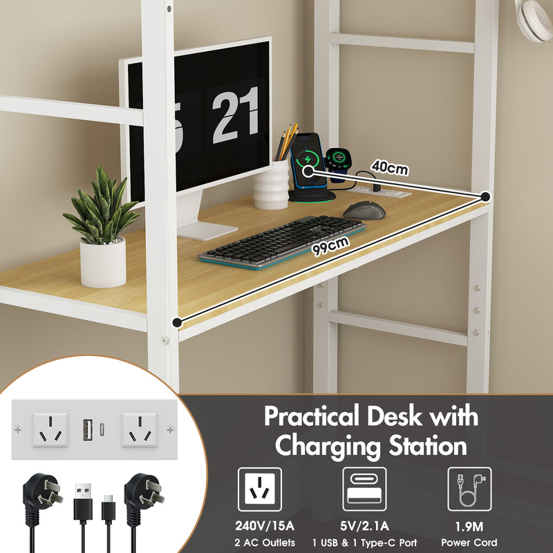 Advwin Metal Loft Bed Frame with Desk & Charging Station
