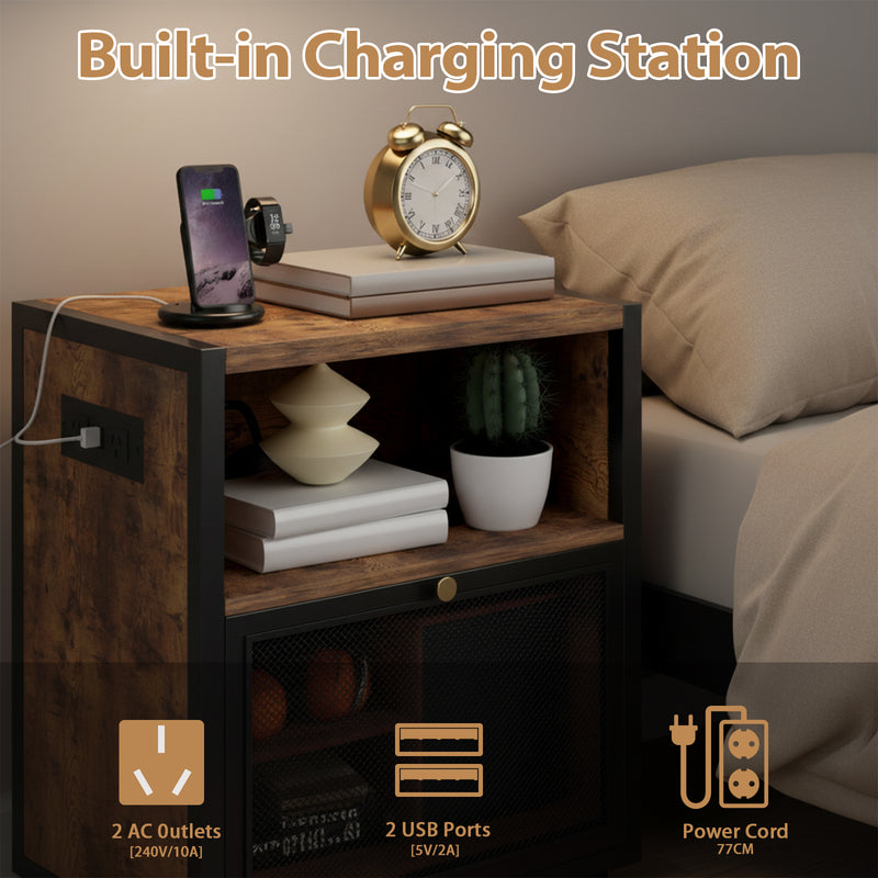 Advwin Bedside Table w/ Metal Mesh Drawer Set of 2