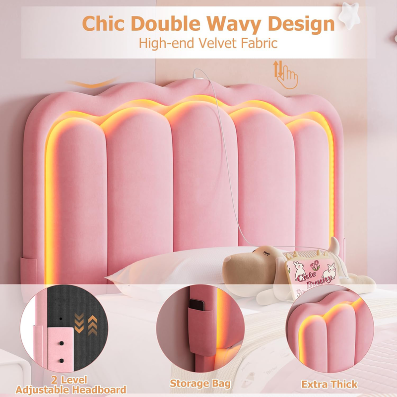 Advwin King Single LED Velvet Bed Frame Pink