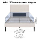 Bed frame with mattress shown at different heights and a recommendation for mattress thickness.