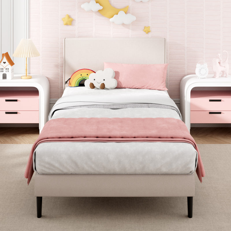 Advwin Bed Frame Mattress Base Upholstered Beige